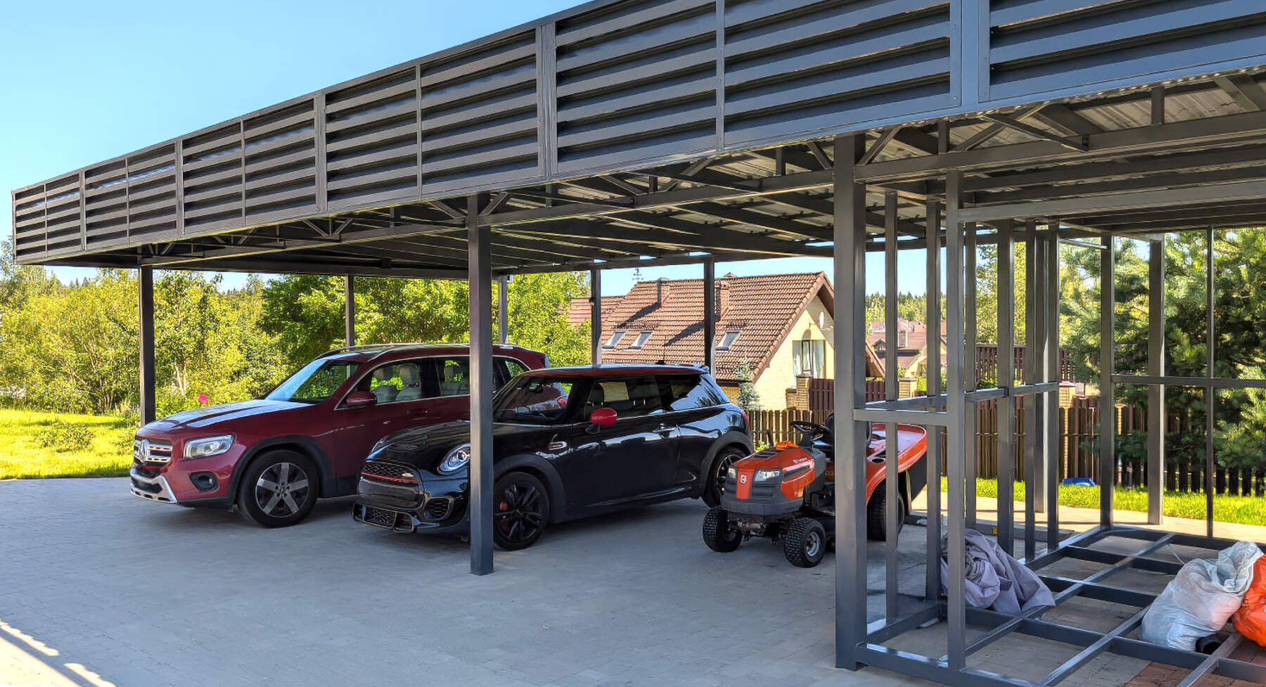 Проект навеса для двух авто с хозблоком