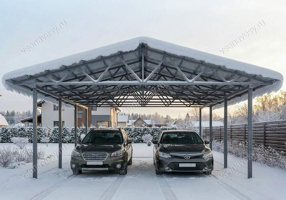 Навес для двух машин двускатный на даче