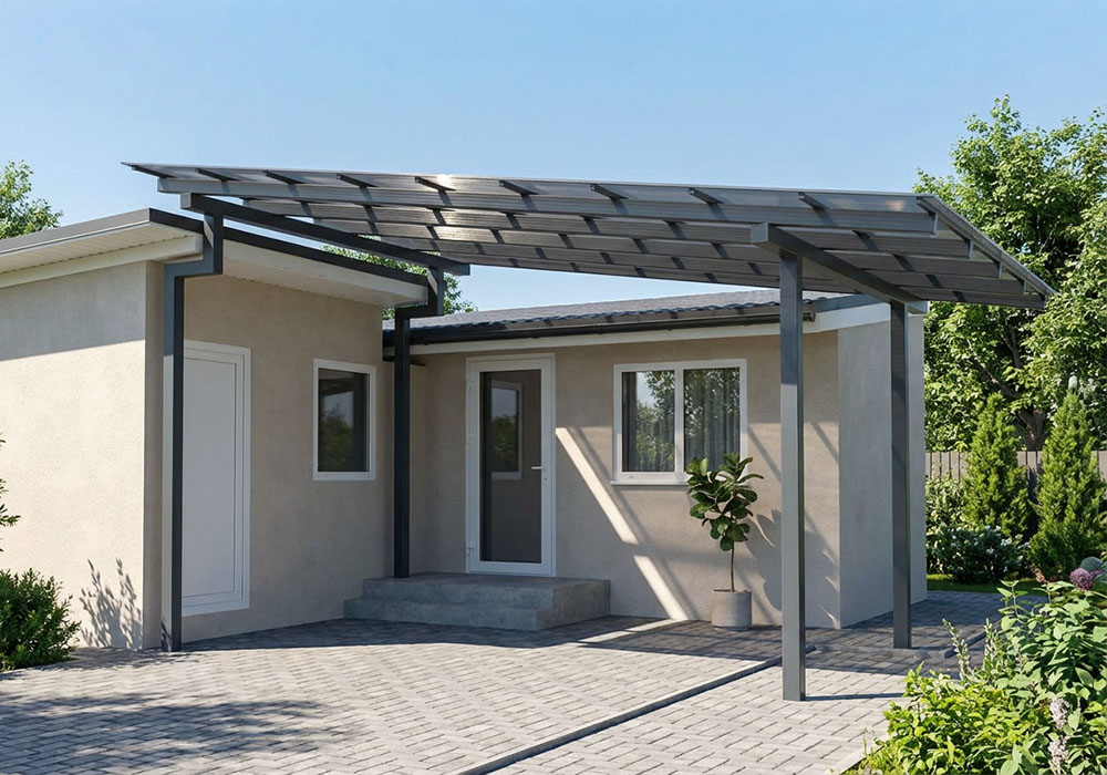 Односкатный навес  из поликарбоната к дому