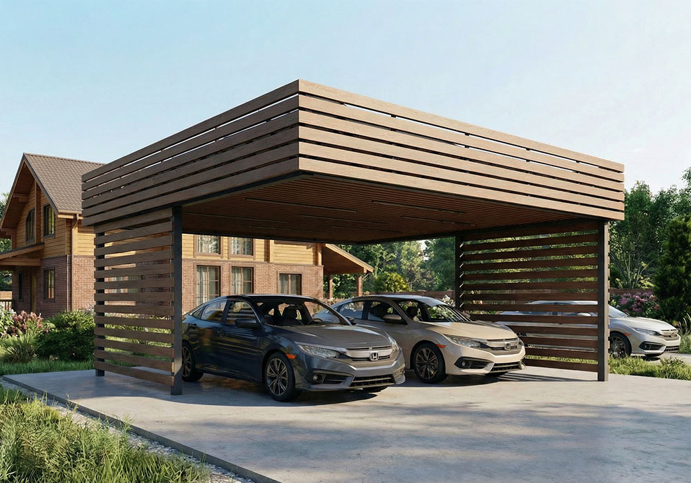 Навес на 2 авто с зашивкой стен