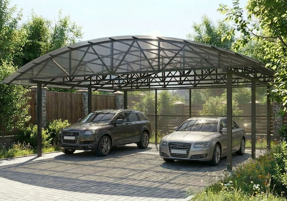 Навес арочный из сотового поликарбоната для 2-х автомобилей