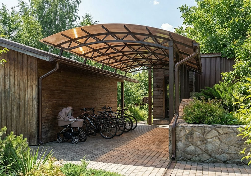 Полуарочный навес с из поликарбоната к дому