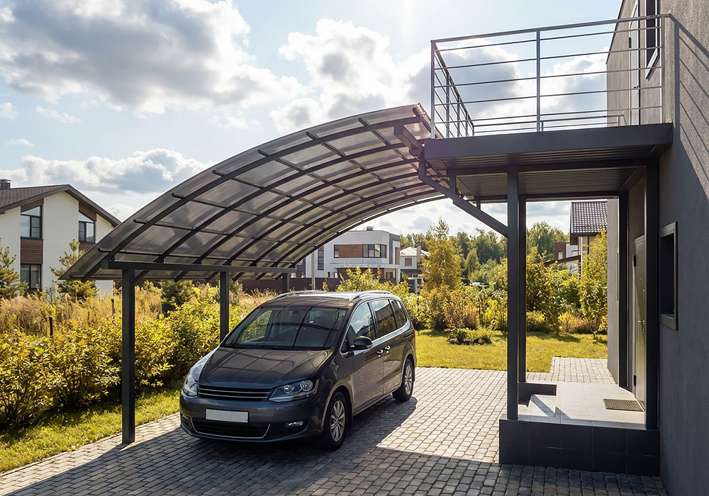 Навес примыкающий к дому для одной машины