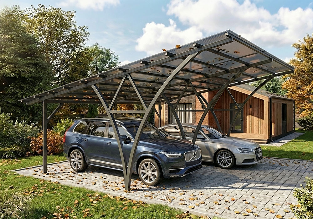 Оригинальный консольный дачный навес с плоской односкатной крышей для 2-х авто