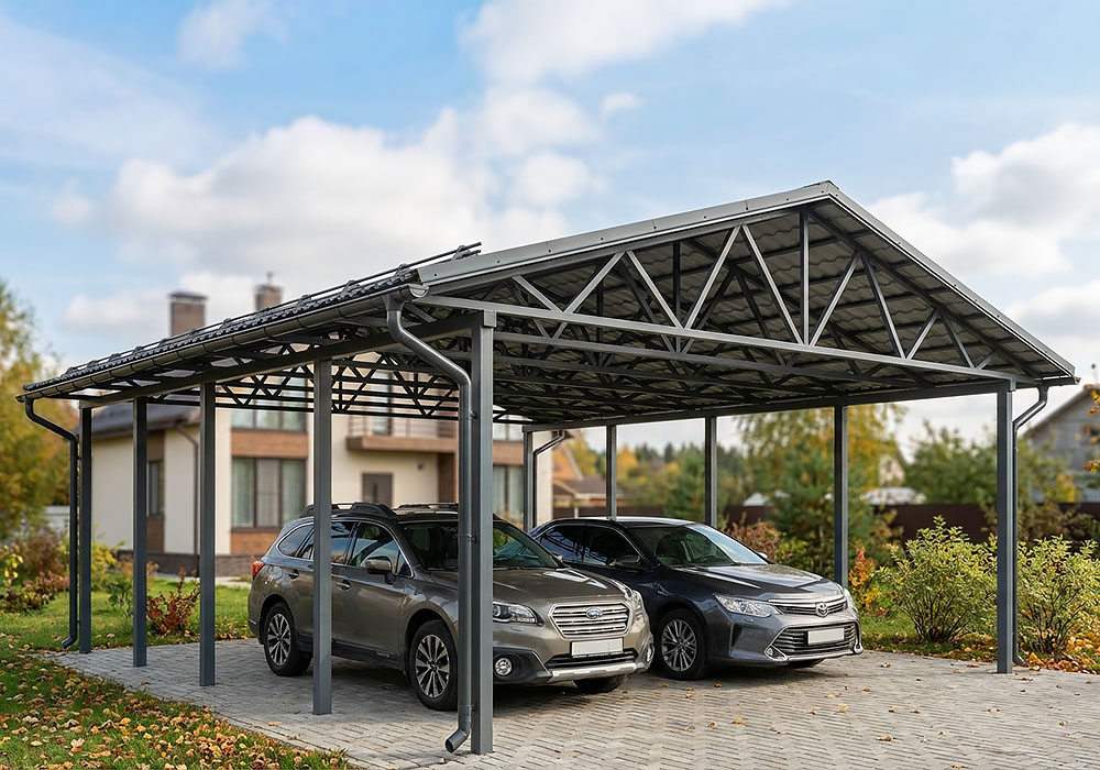 Двускатный навес из металлочерепицы для двух автомобилей
