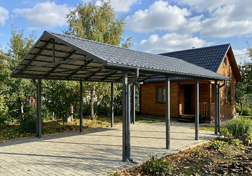 Двускатный навес из металлочерепицы под одну машину