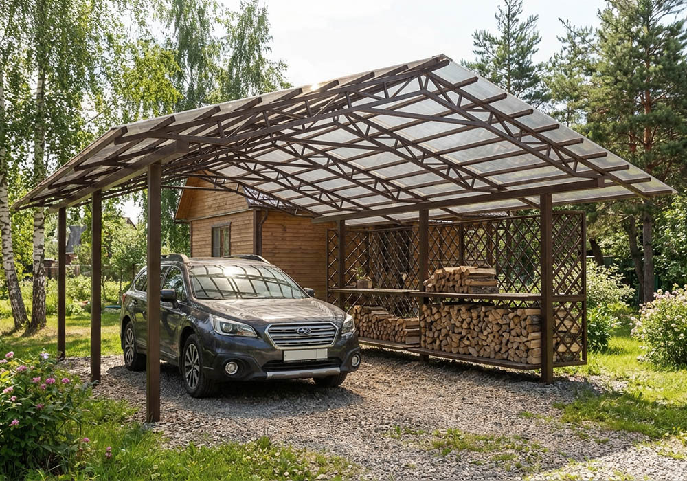 Двускатный навес из поликарбоната для автомобиля