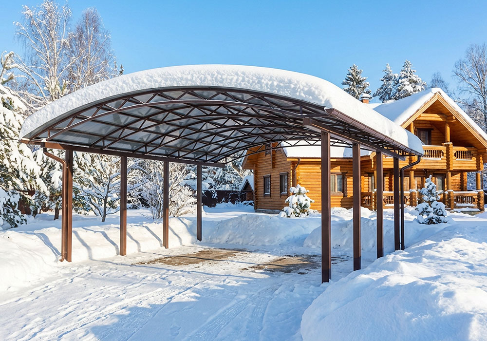 Арочный навес из поликарбоната во дворе у дома