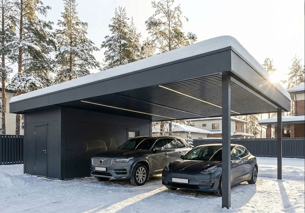 Современный навес с хозблоком для 2-х машин