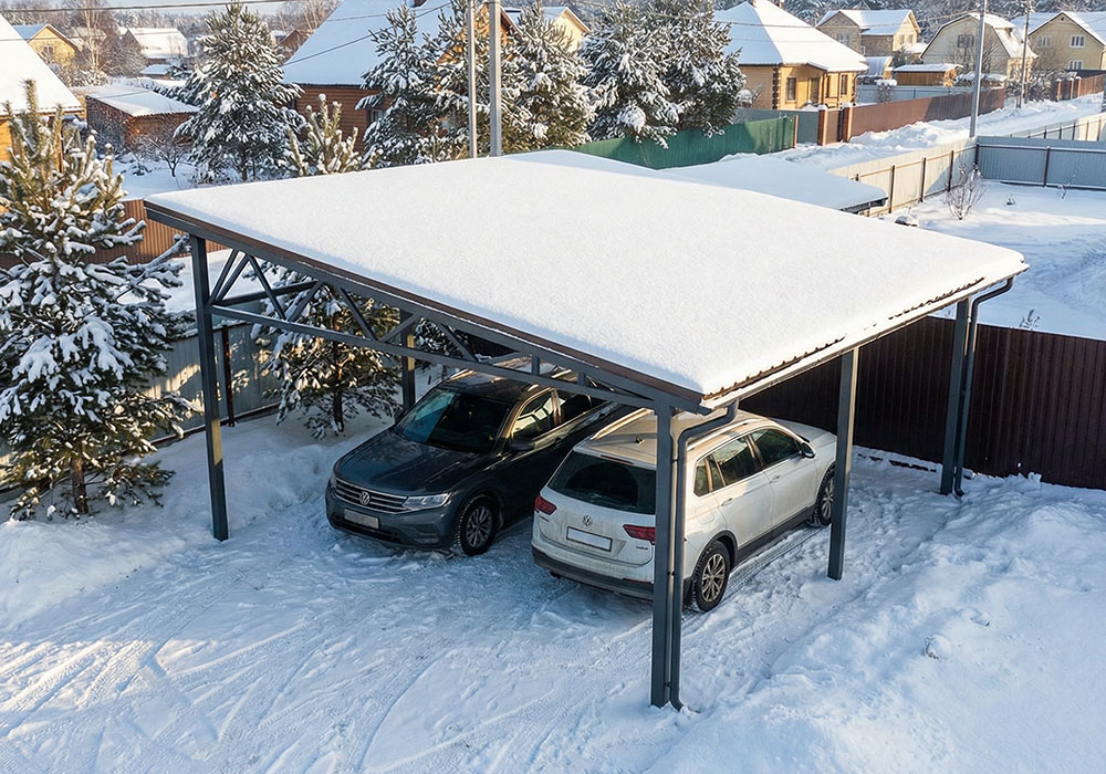 Односкатный навес из профнастила с плоской крышей для двух машин