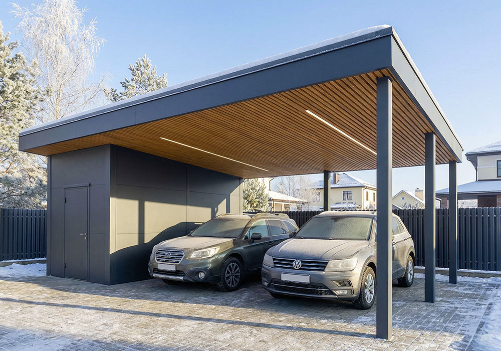 Проект навеса на 2 авто с хозблоком