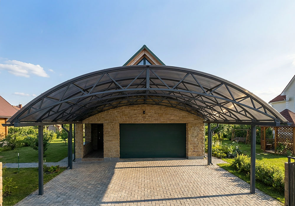 Арочный навес из поликарбоната перед гаражом