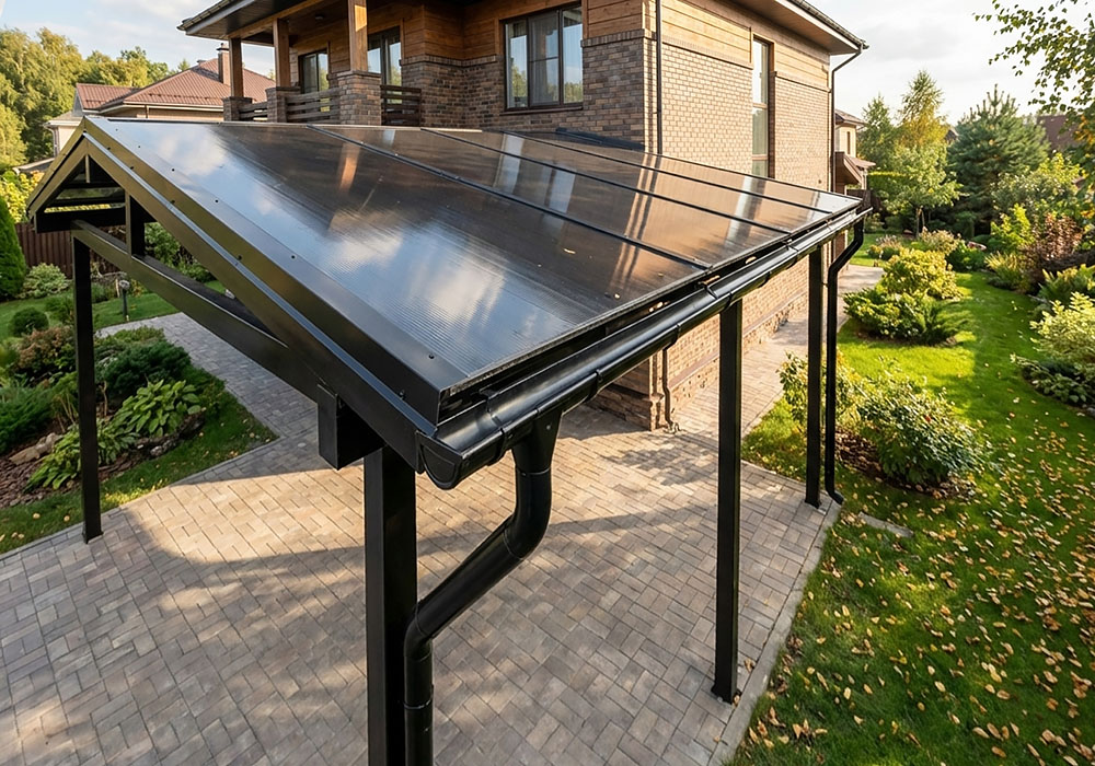 Двускатный навес над террасой у дома