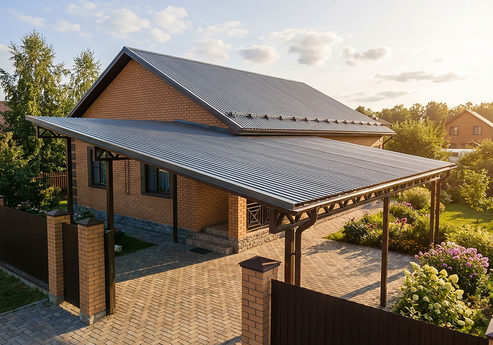 Навес из профнастила угловой олноскатный к дому