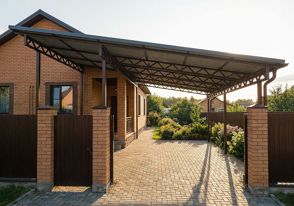 Навес для дачи угловой пристроенный к дому из профнастила