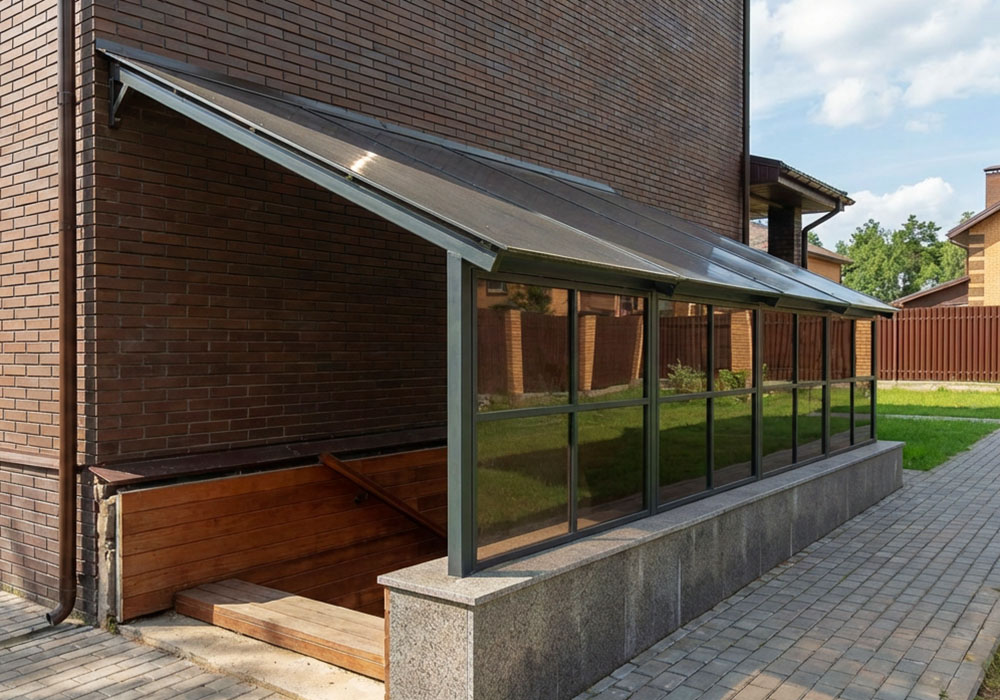 Односкатный навес над лестницей спуском в цокольный этаж