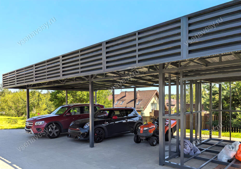 Навес с хозблоком для двух машин