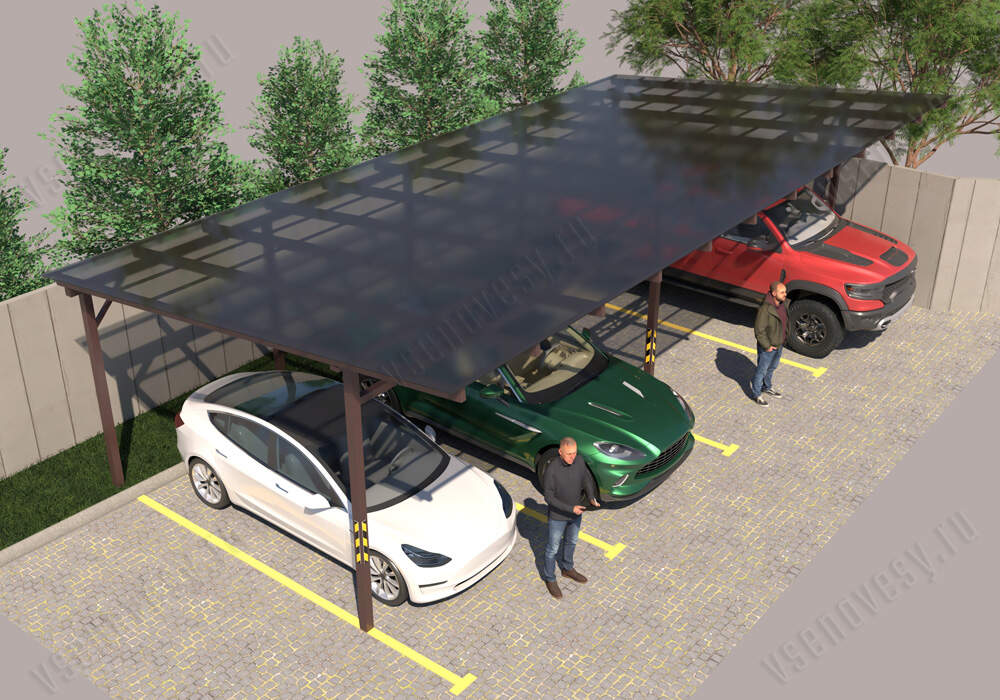 Навес односкатный для двух автомобилей из поликарбоната