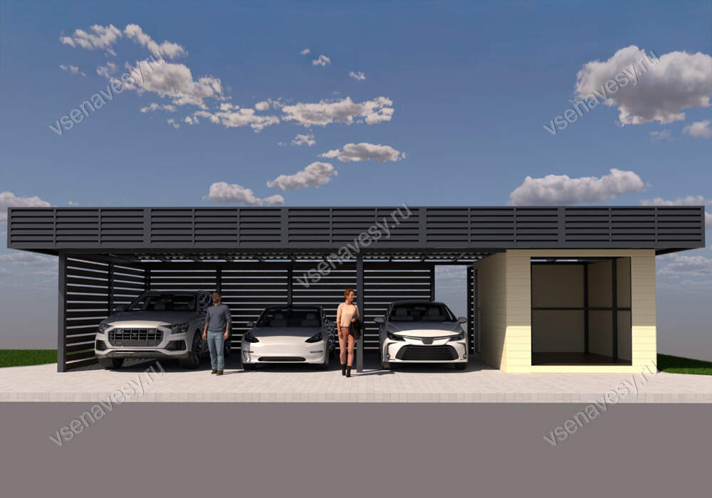 Навес с хозблоком для двух автомобилей